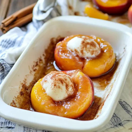 Two peach halves in a bowl with whipped cream.
