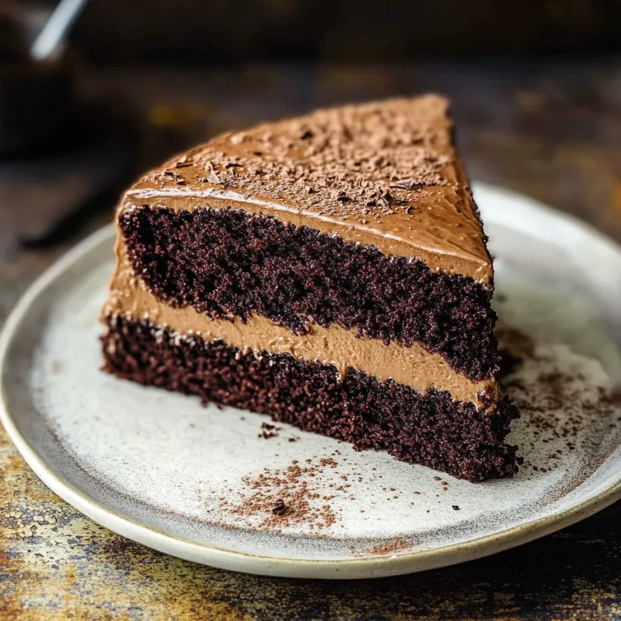 A slice of chocolate cake on a plate.