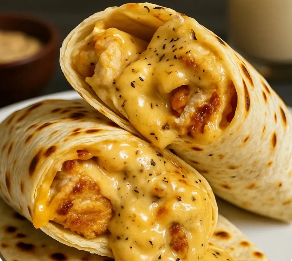 Two chicken burritos with cheese and sauce.