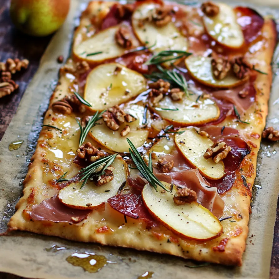 Flatbread topped with pears and walnuts.