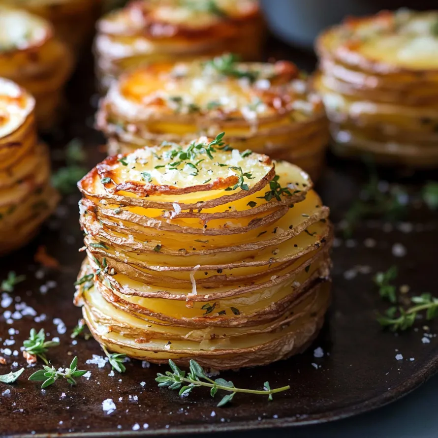 A beautifully plated dish showcasing golden potato slices stacked elegantly.