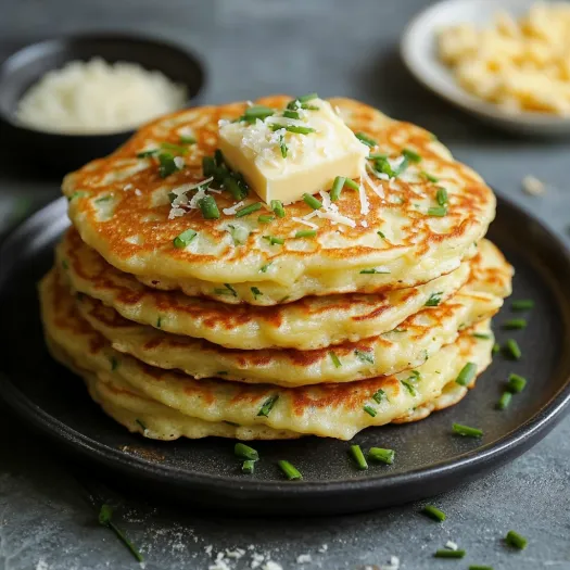Stacked fluffy pancakes topped with butter and cheese.