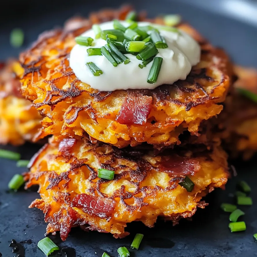Stack of fritters topped with sour cream.
