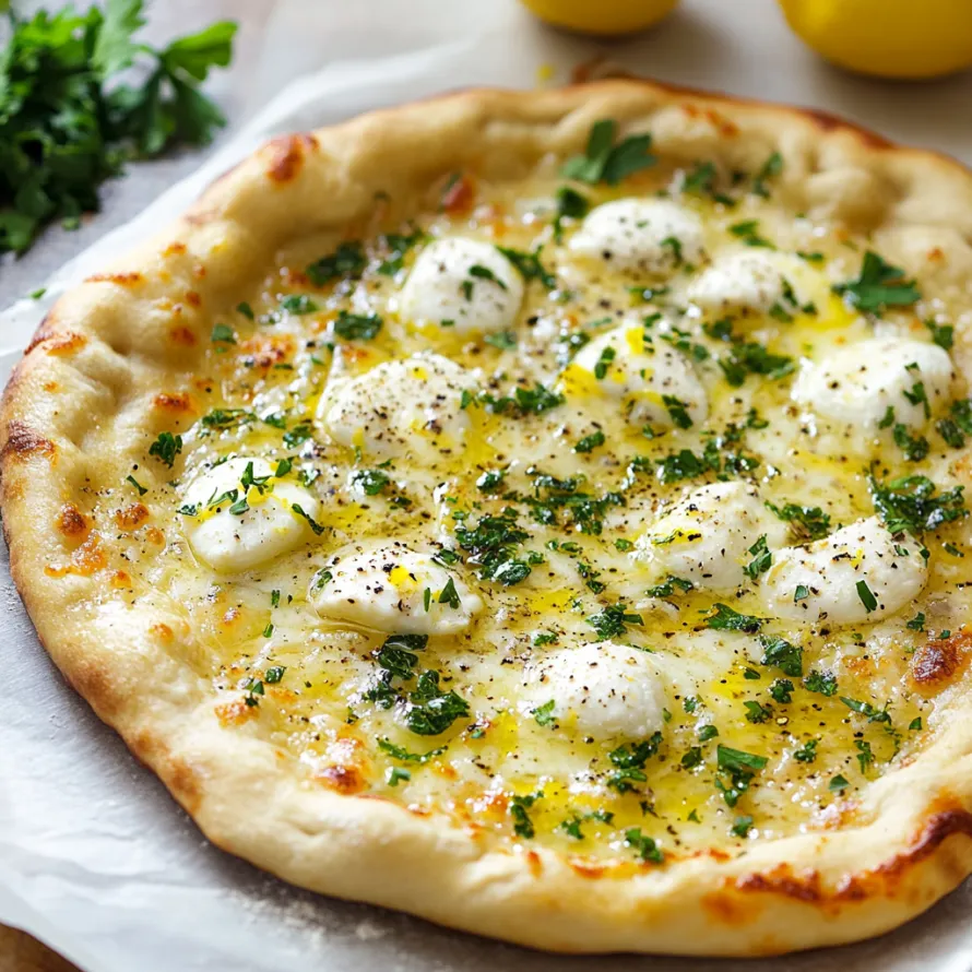 A pizza with cheese and herbs on top.