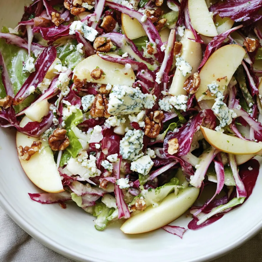 A bowl of salad with blue cheese and walnuts.