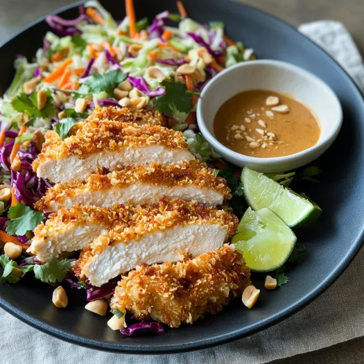 A plate with crispy chicken, colorful slaw, and sauce.