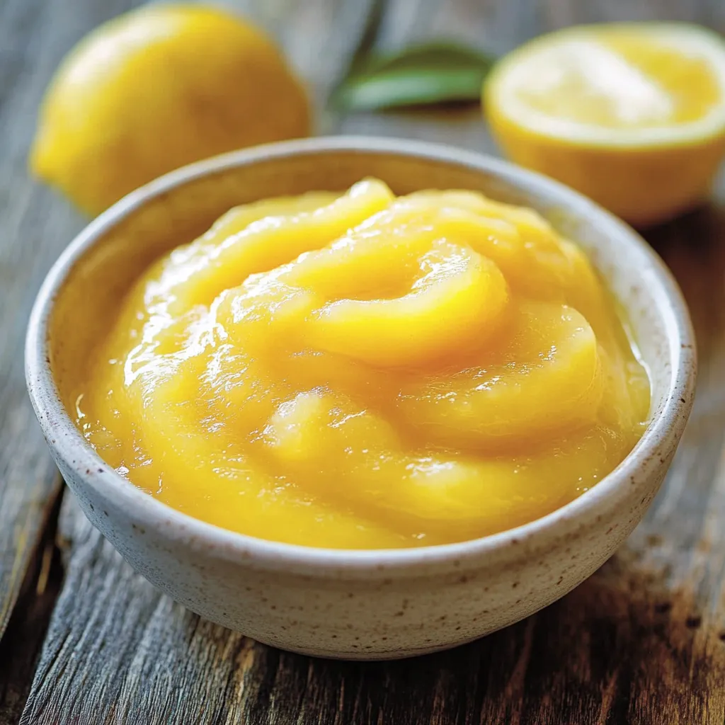 A bowl of lemon sauce with lemon wedges on the side.