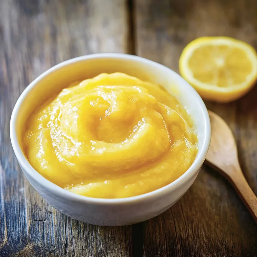 A bowl of food with a lemon on the side.
