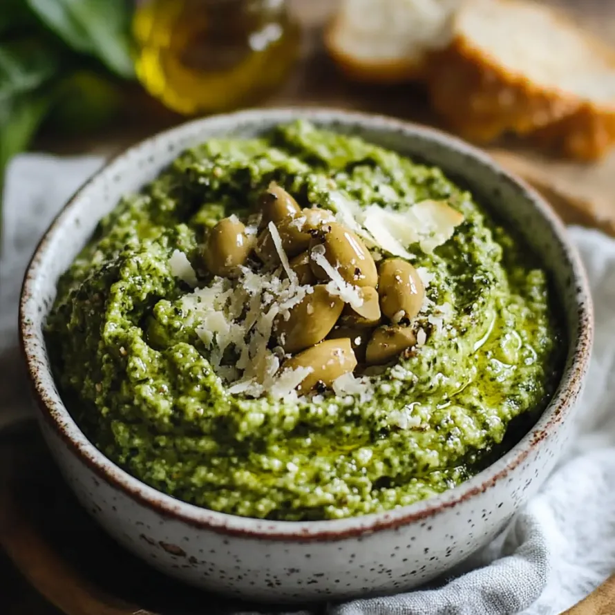 A bowl of green soup with pine nuts.