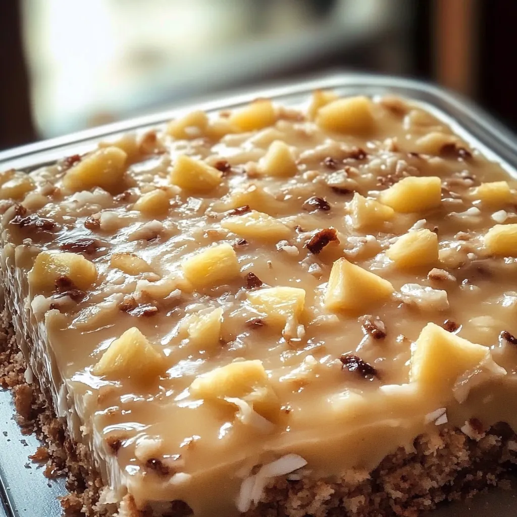 A slice of cake with pineapple on top.