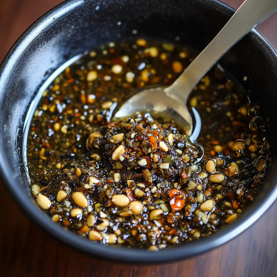 A bowl of food with a spoon in it.