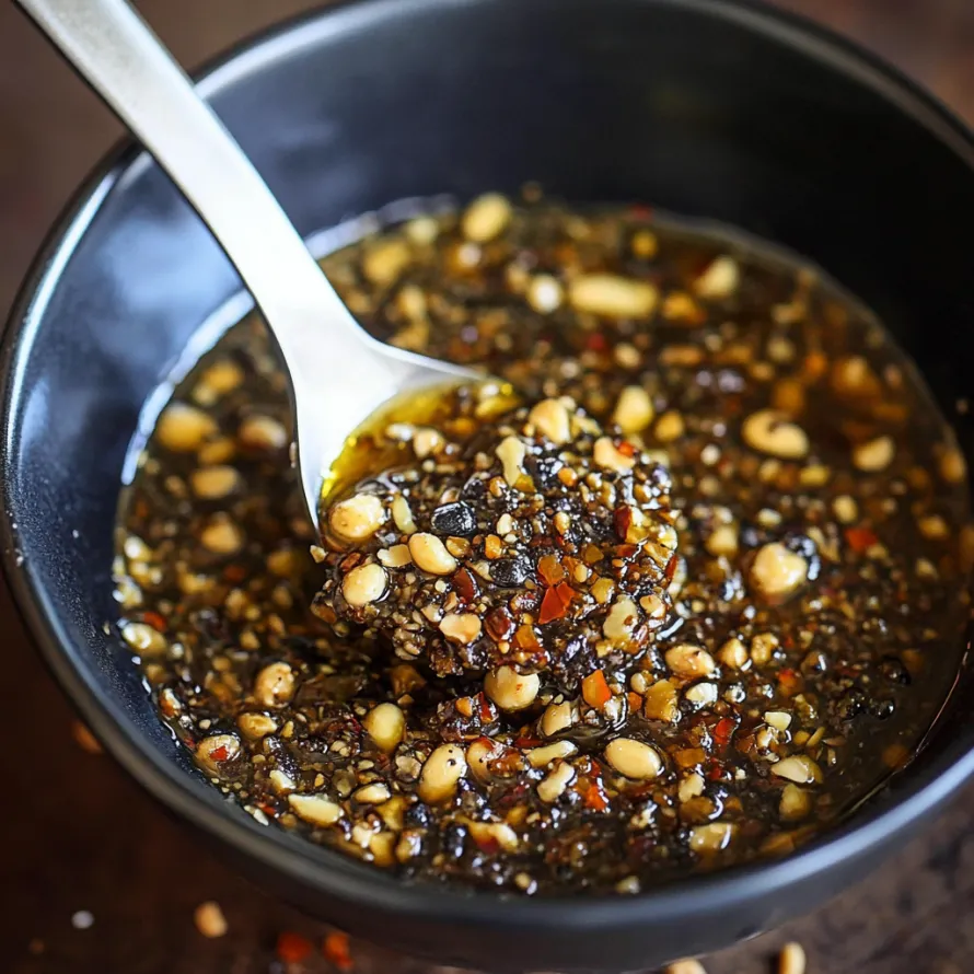 A spoon stirring a vibrant, nutty sauce.
