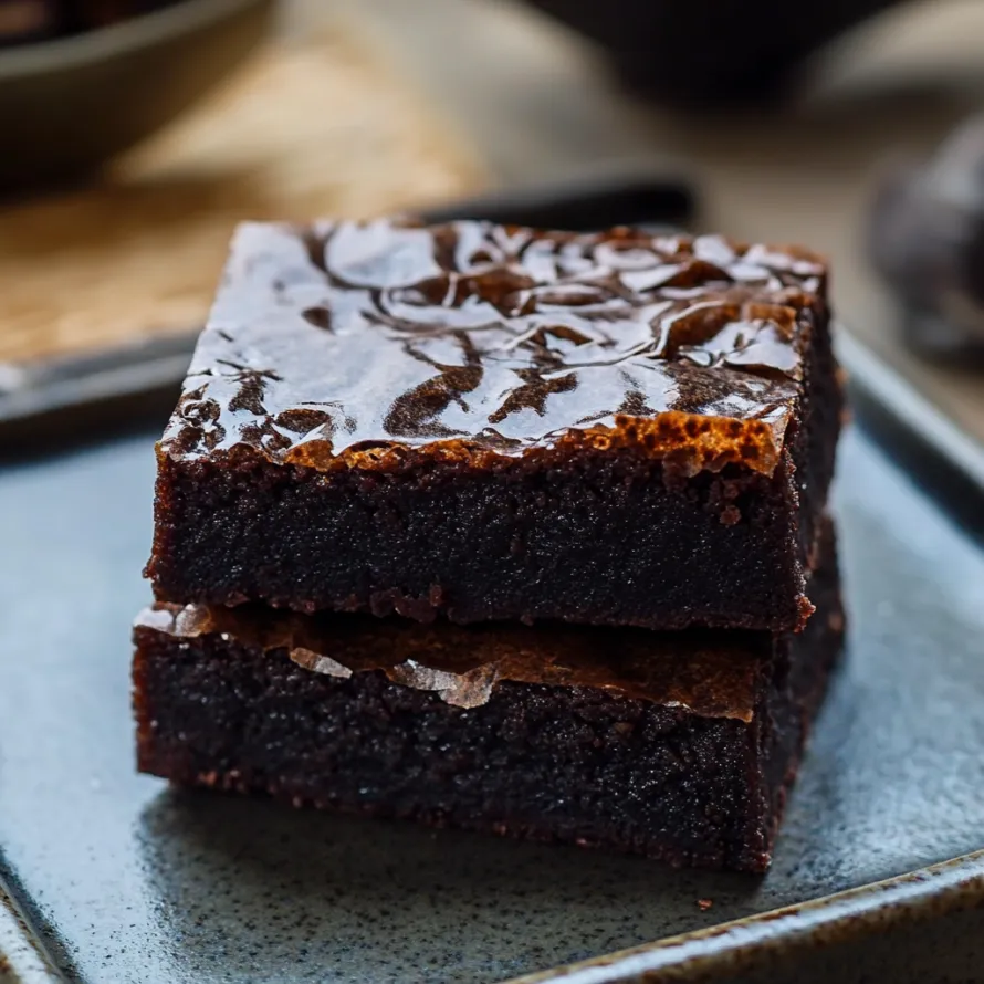Two pieces of fudgy chocolate squares on a plate.