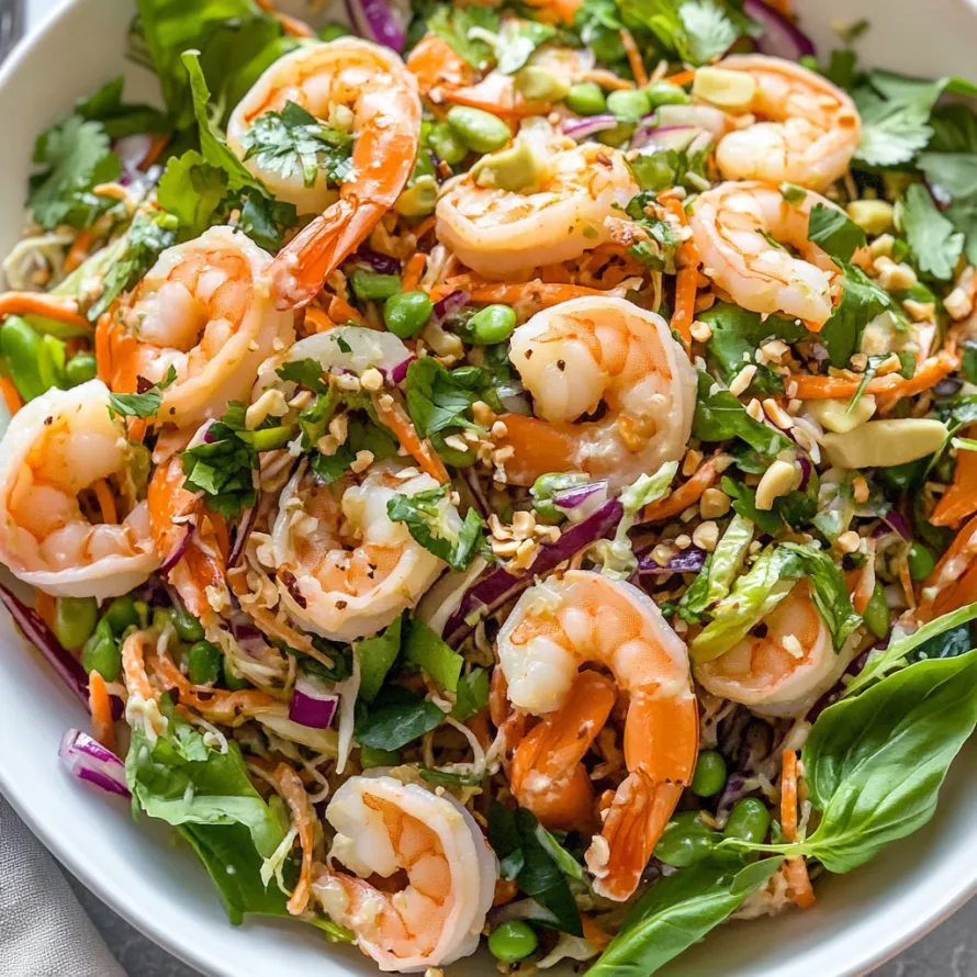 A colorful shrimp salad with fresh herbs and veggies.
