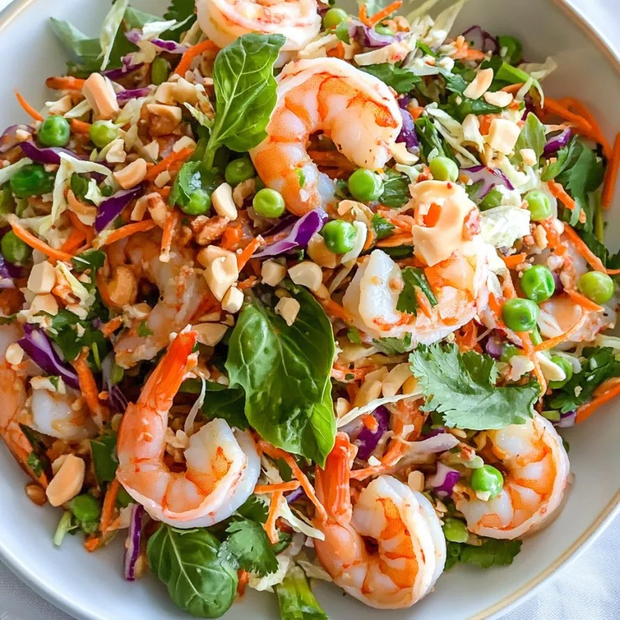 A bowl of shrimp salad with peas and carrots.