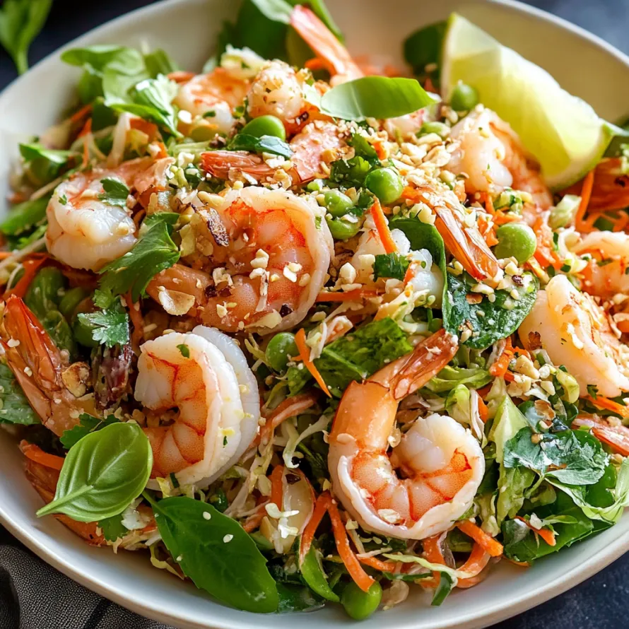 A bowl of shrimp salad with peppers and carrots.