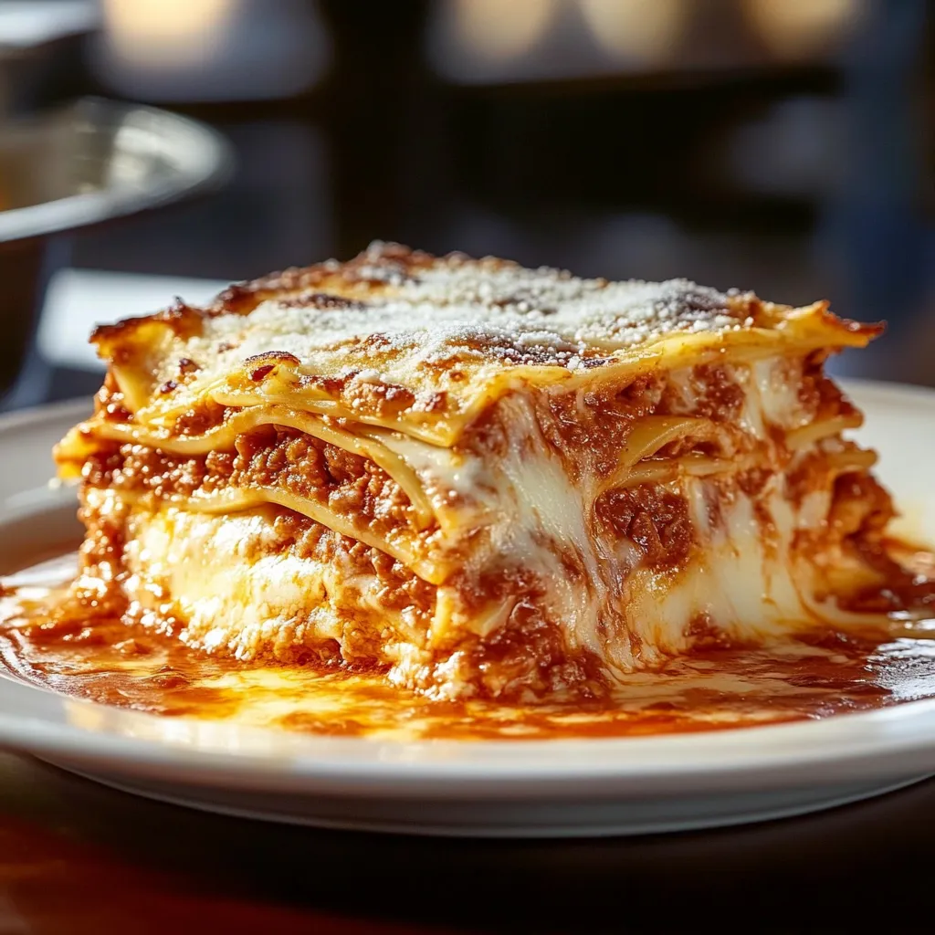 A plate of lasagna with a fork on it.