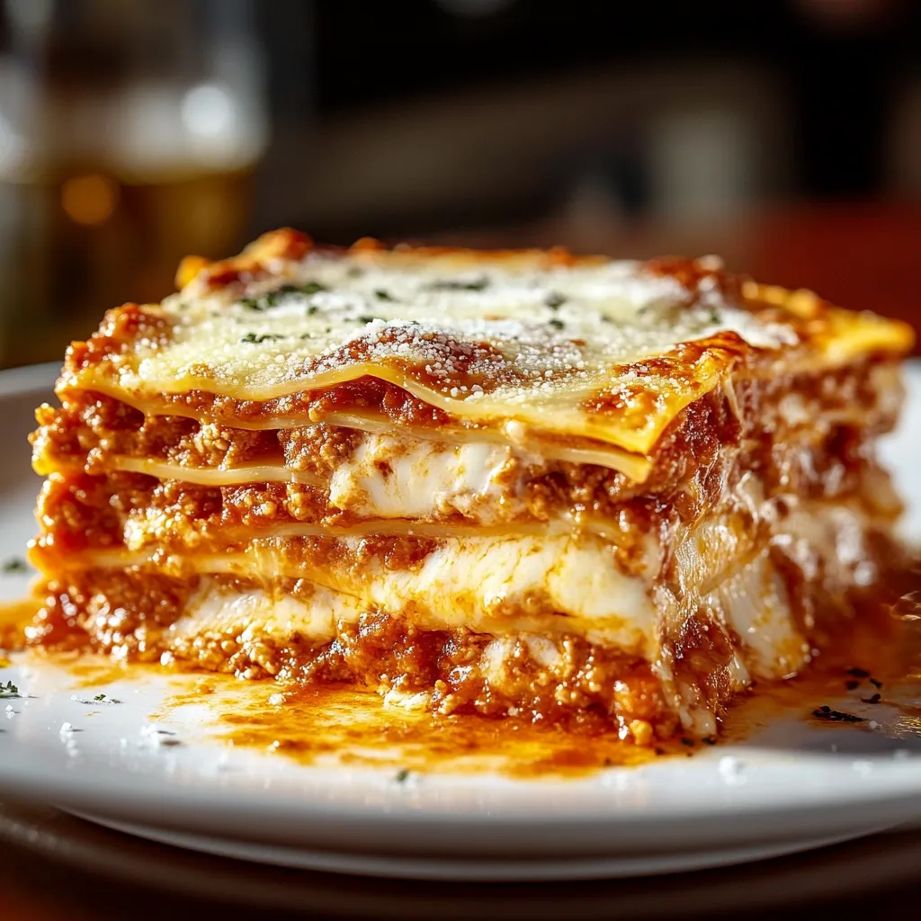 A plate of lasagna with a glass of beer.