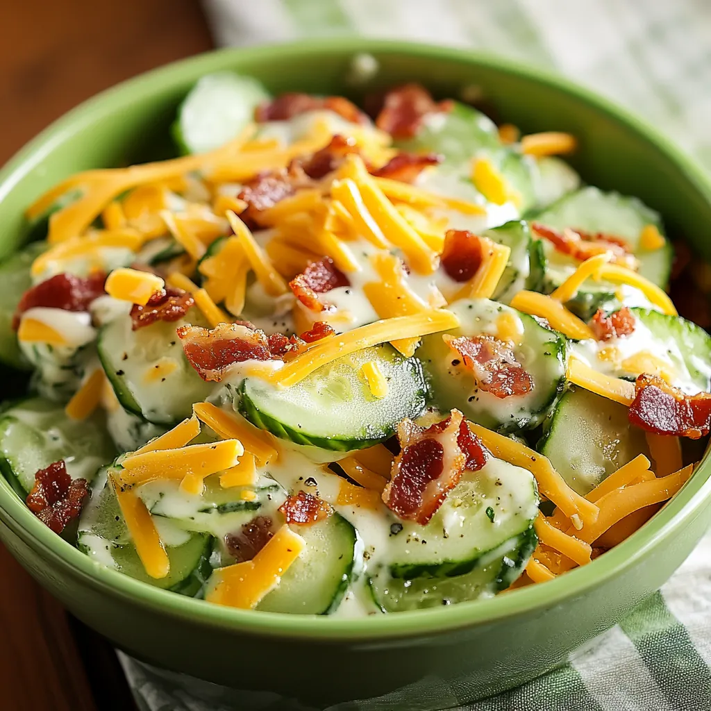A dish with cucumbers, bacon, and cheese.
