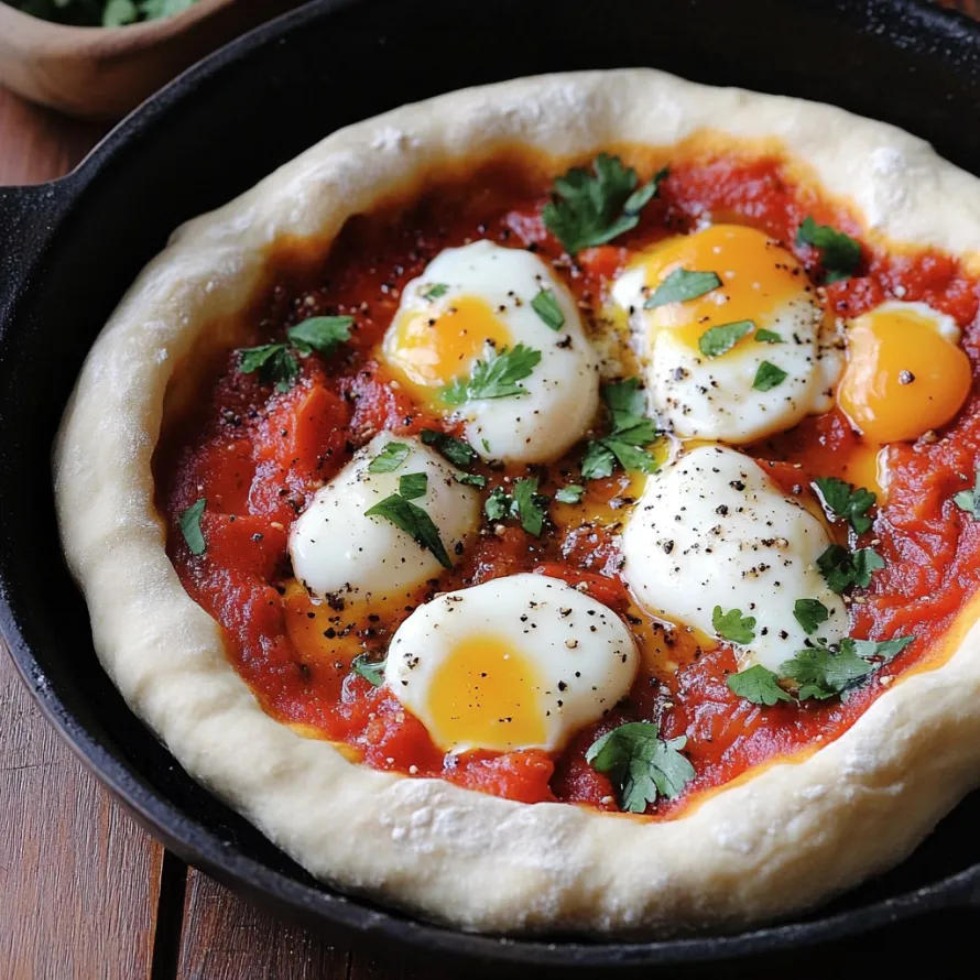 Golden focaccia with baked eggs and tomato topping.