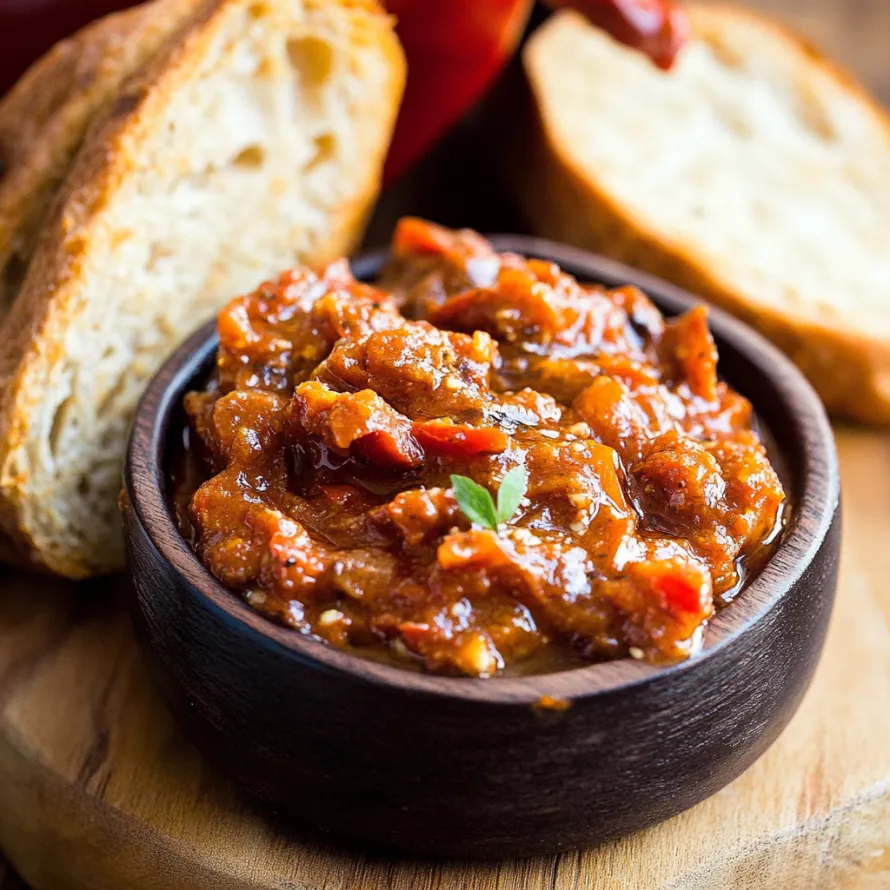 A bowl of red sauce and bread slice.