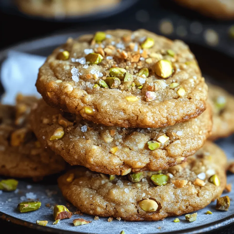 A tall stack of pistachio cookies with salt.