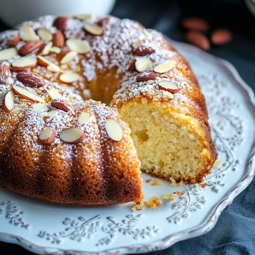 Soft almond cake with a crispy almond topping.