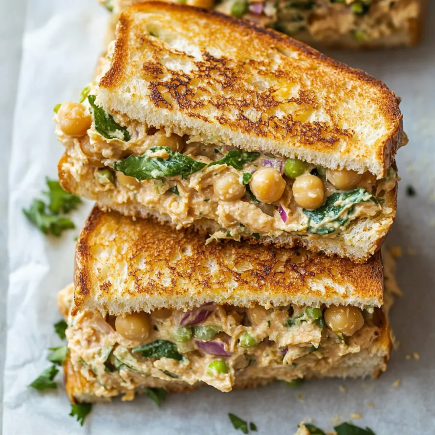 A sandwich piled with chickpeas and fresh lettuce.