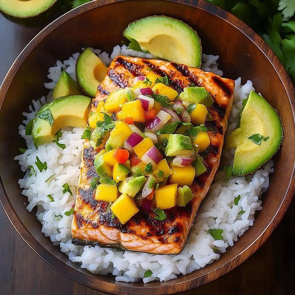 A bowl of food with rice, avocado, and fish.