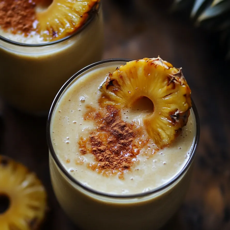 Two tropical pineapple drinks garnished with pineapple slices.