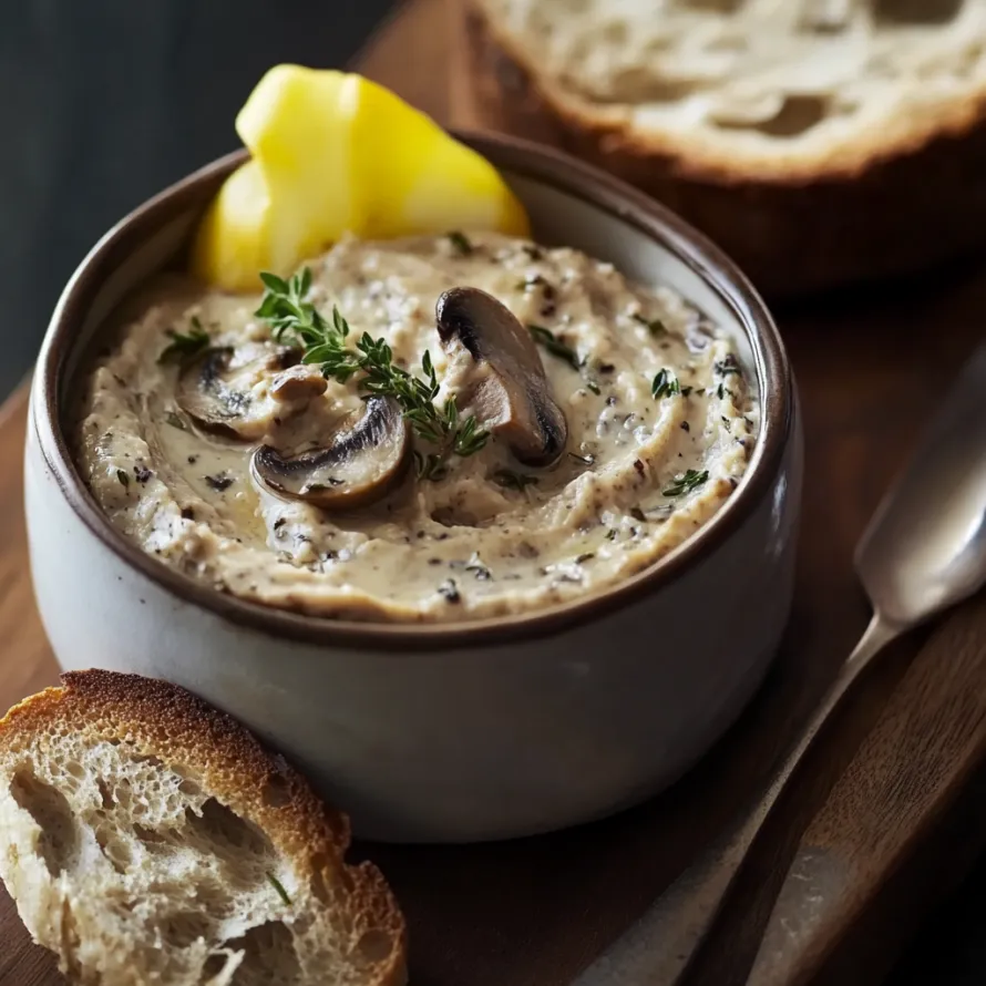 A bowl of creamy mushroom spread garnished with fresh thyme.