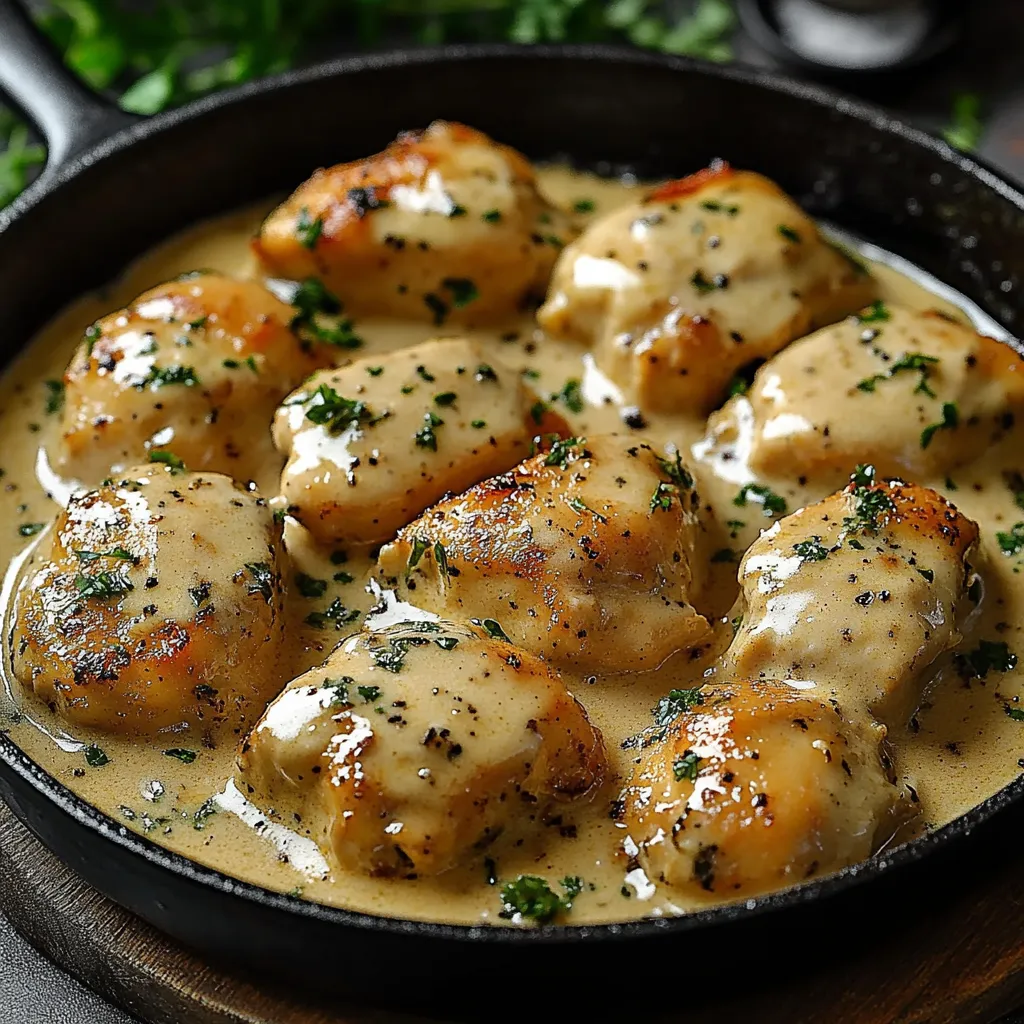 A pan of chicken with a creamy sauce.