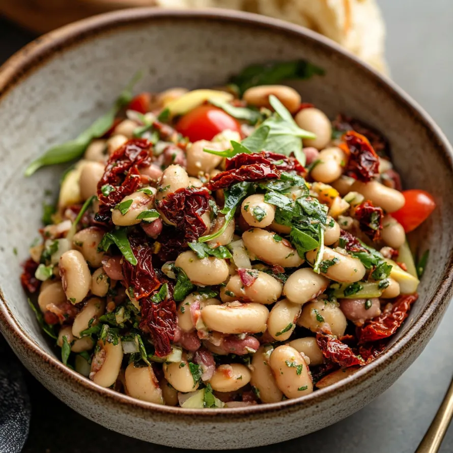 A blend of beans, tomatoes, and fresh greens in a bowl.