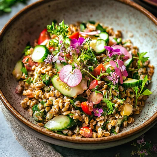 A hearty grain bowl with veggies.