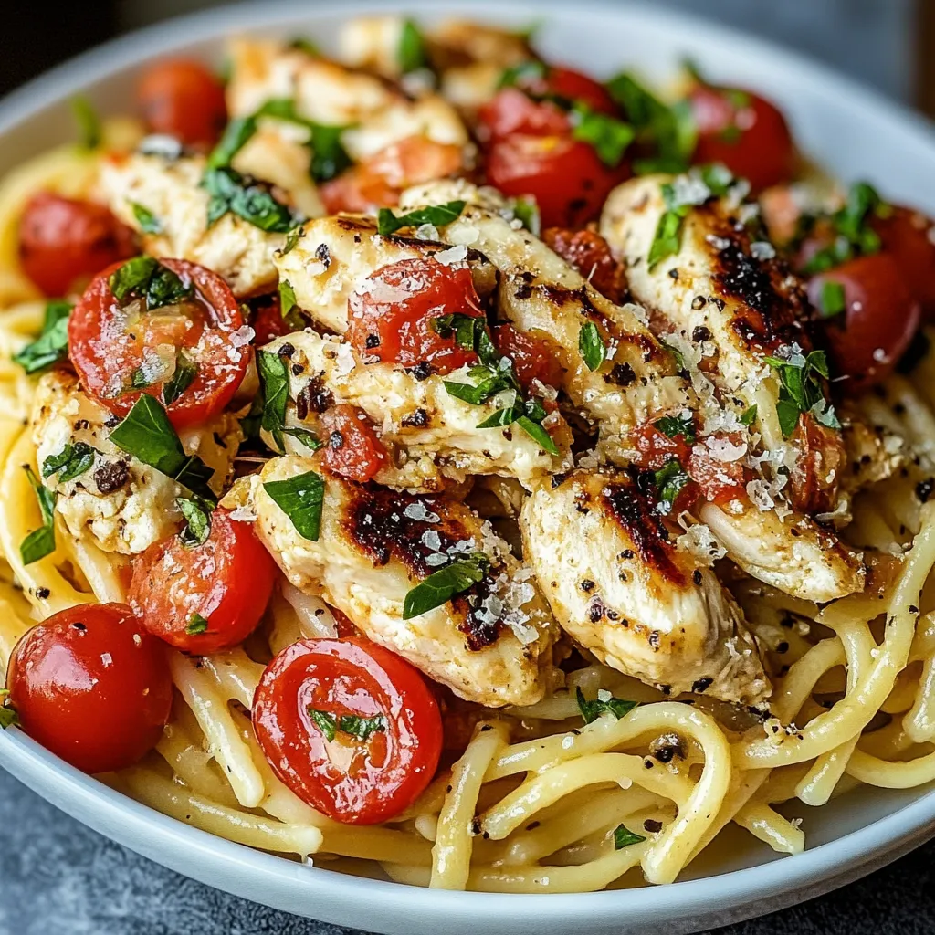 A bowl of chicken and tomatoes.