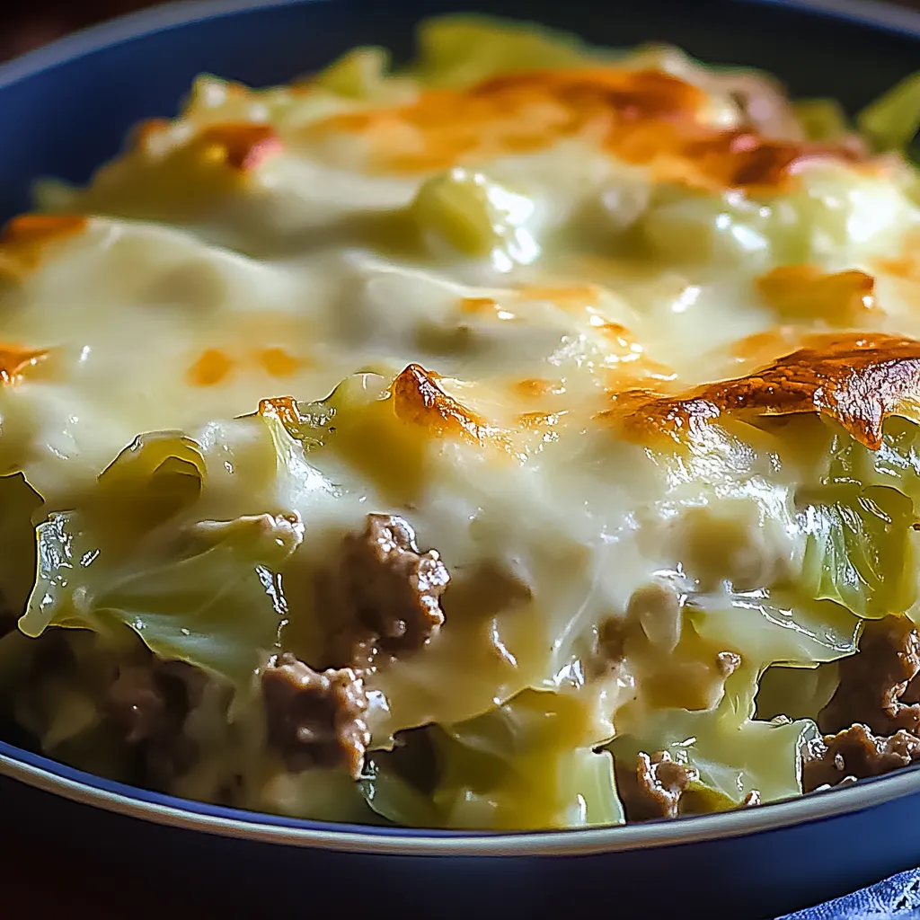 A plate piled high with beef and cabbage covered in cheese.