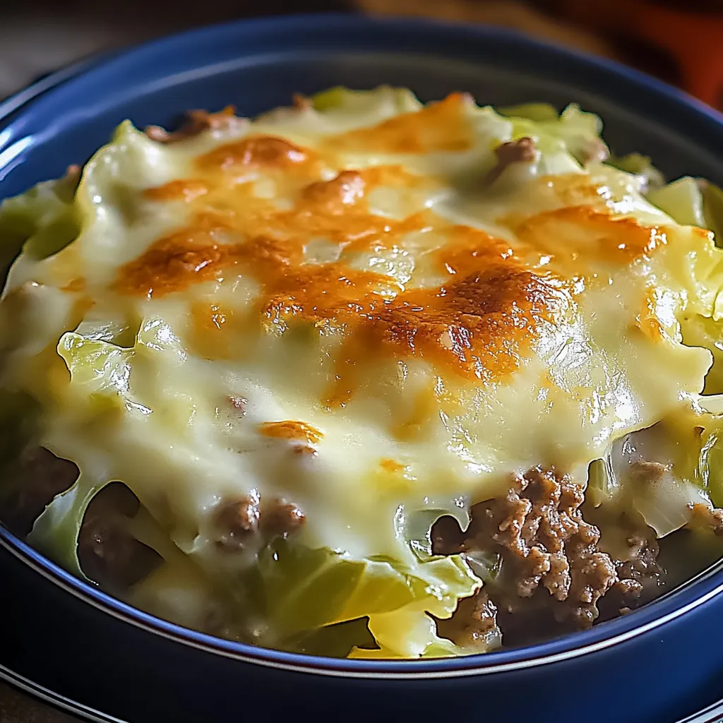 Beefy, cheesy casserole spooned onto a plate.