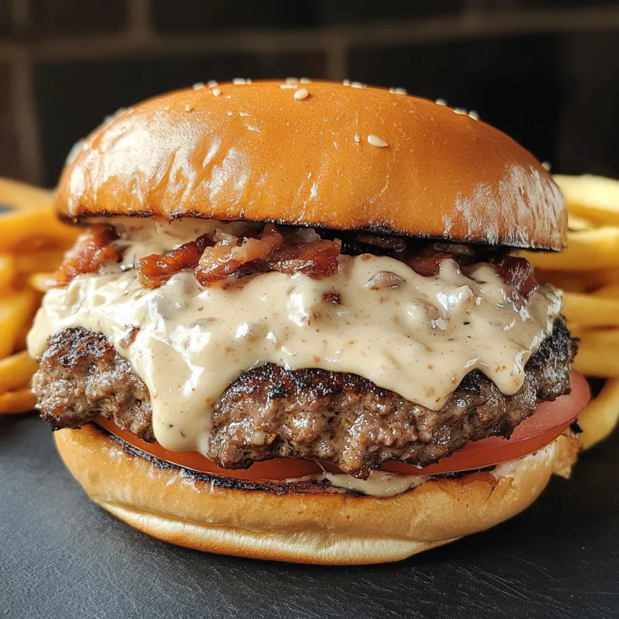 A bun stacked with bacon, cheese, and a juicy burger.