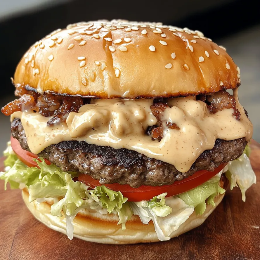 A burger with bacon and cheese.