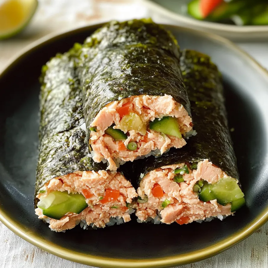 Sushi-style plate topped with cucumbers and carrots.