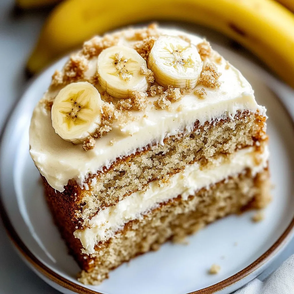 A slice of cake with bananas on top.