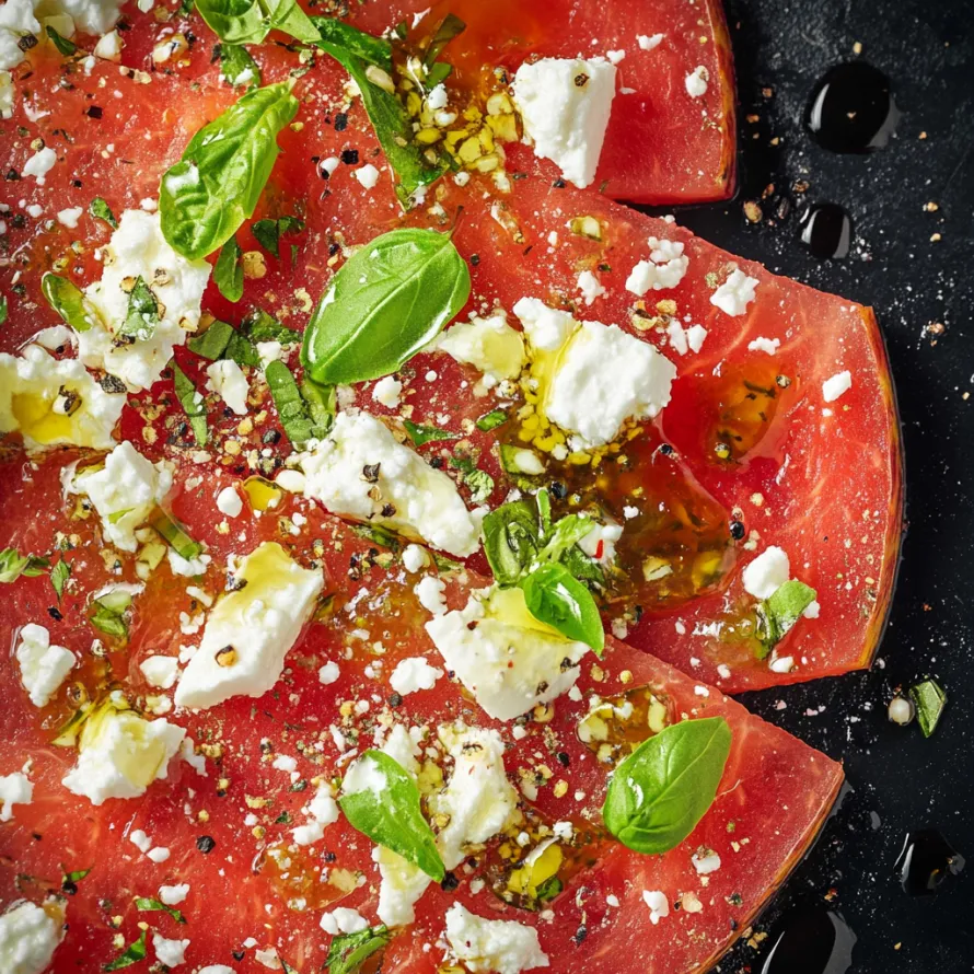 Watermelon slice with feta and basil up top.