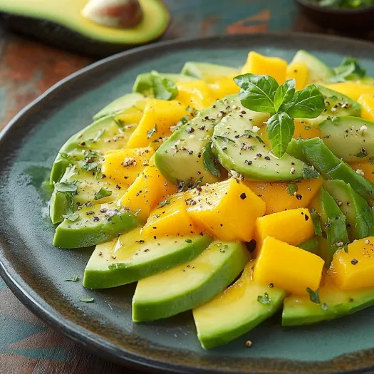 Round dish topped with sliced avocado, lime, and bright garnishes.