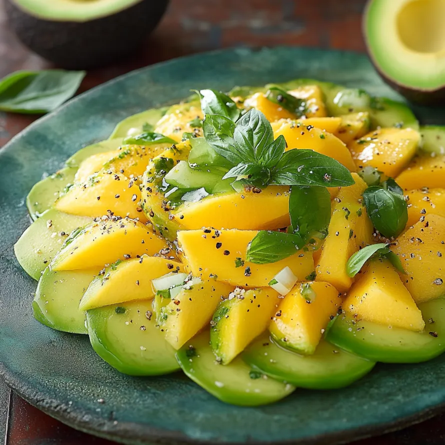 Plate with sliced avocado, mango, and mint.