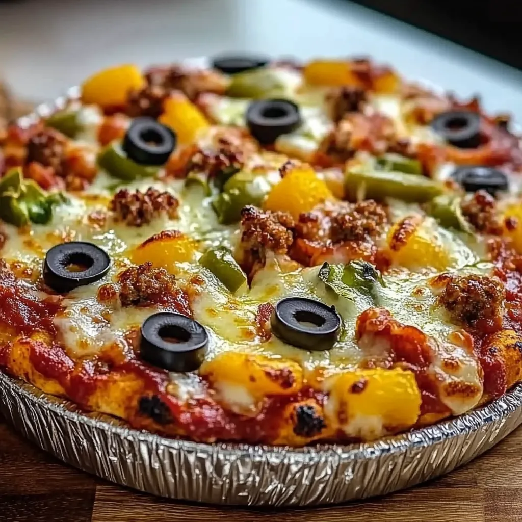 A pizza topped with colorful peppers and black olives.
