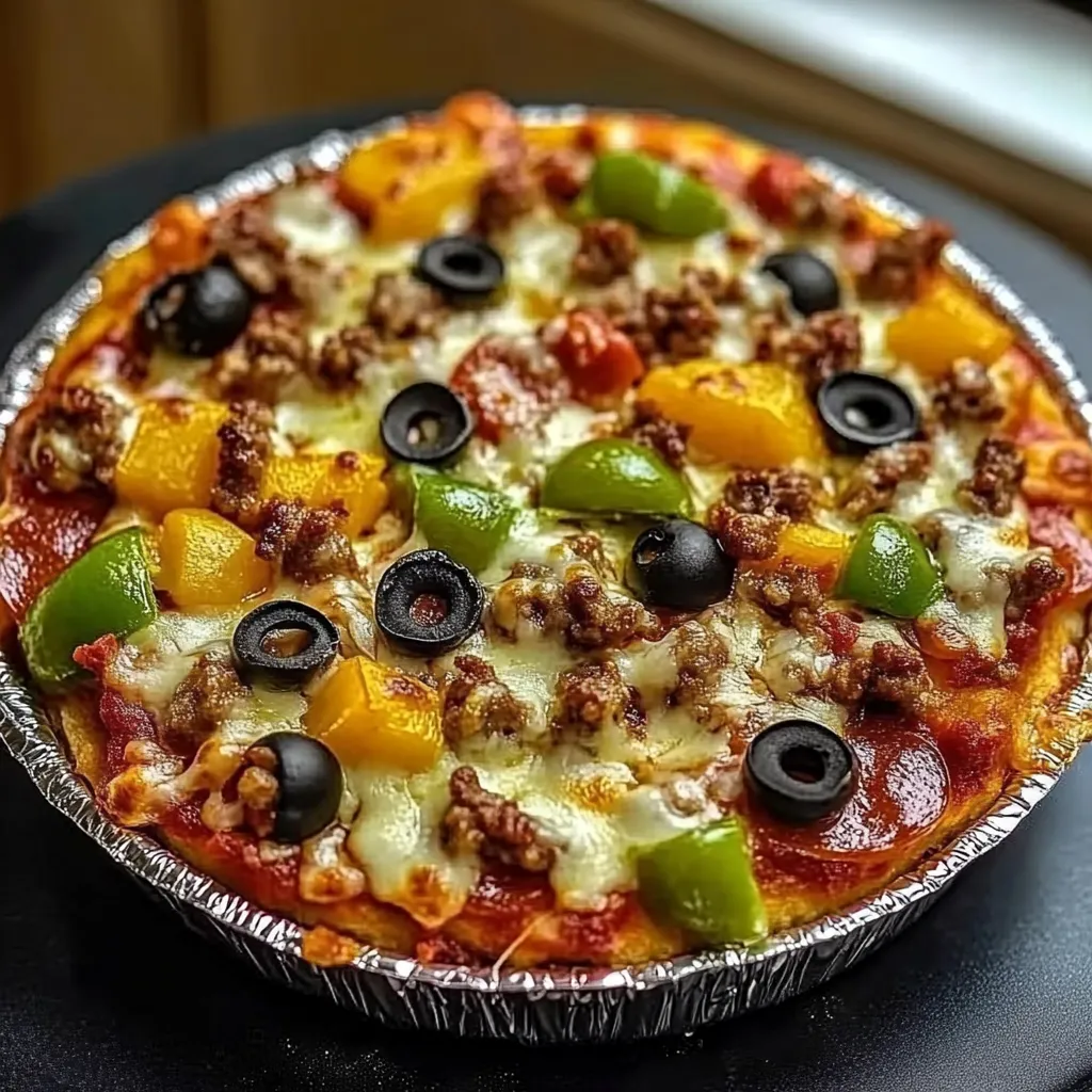 Hearty pizza bowl with meat, peppers, and black olives on top.