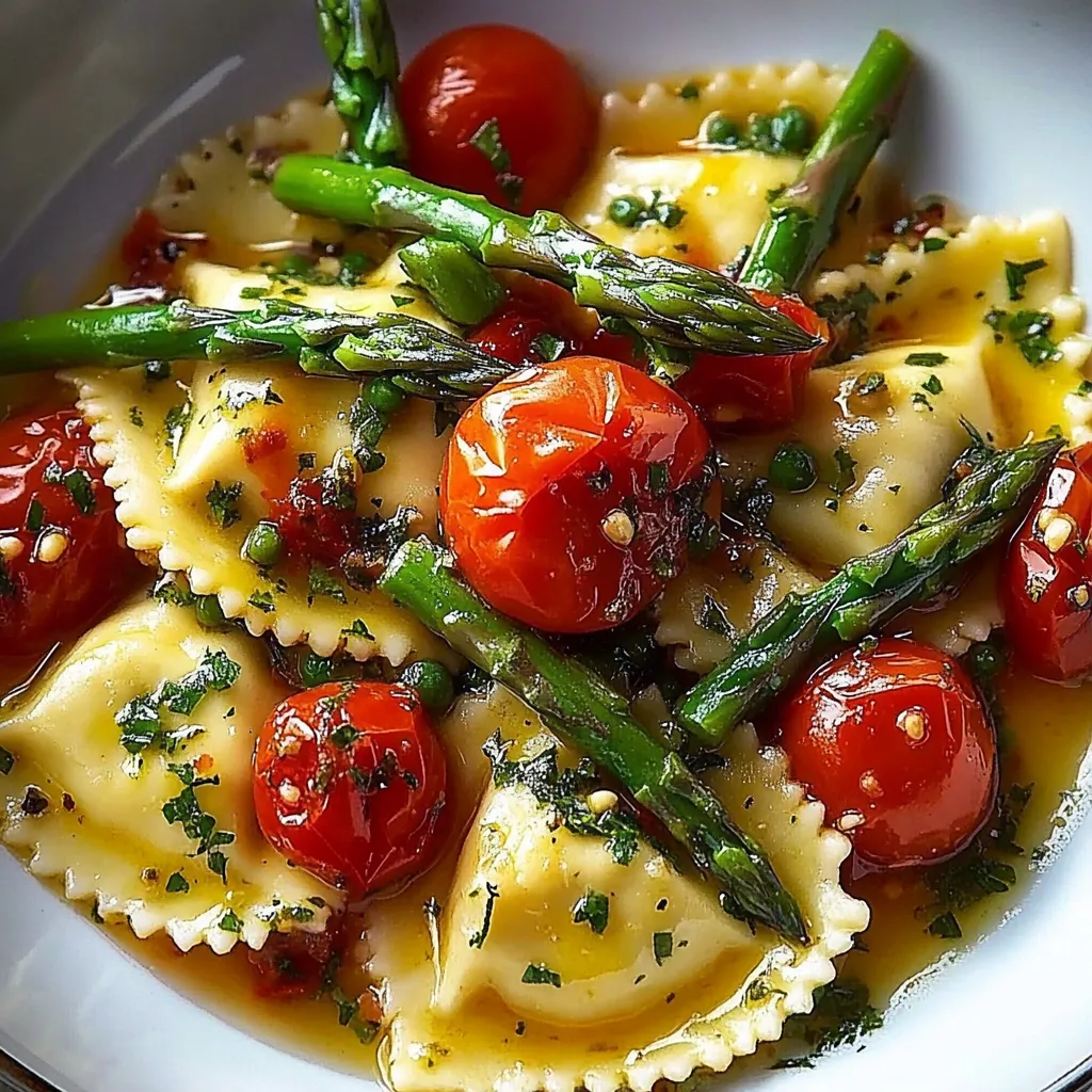Cheesy Ravioli With Tomatoes Asparagus And Herbs