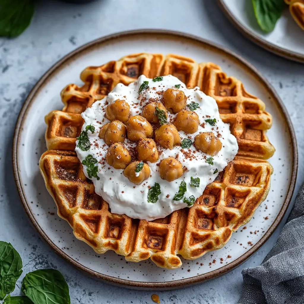 A waffle with white cream and nuts.