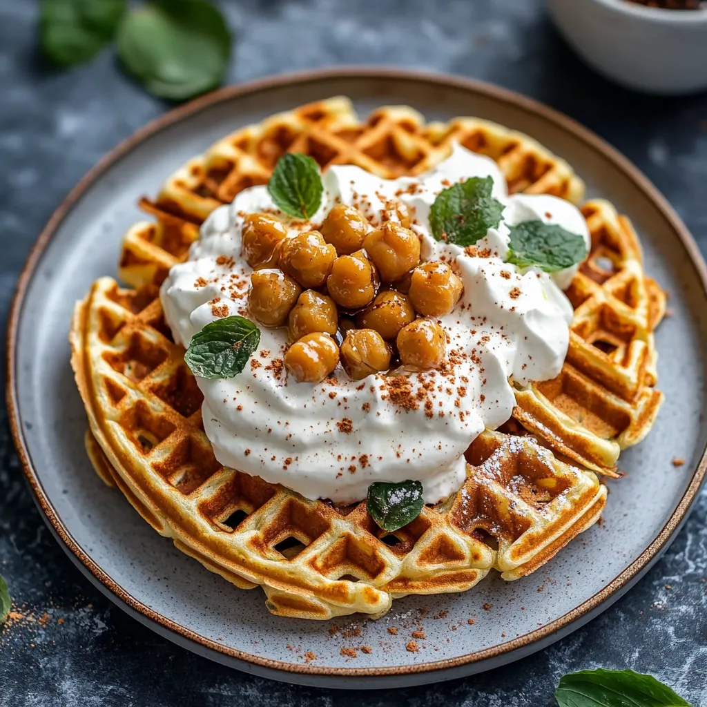 A waffle with white cream and nuts.