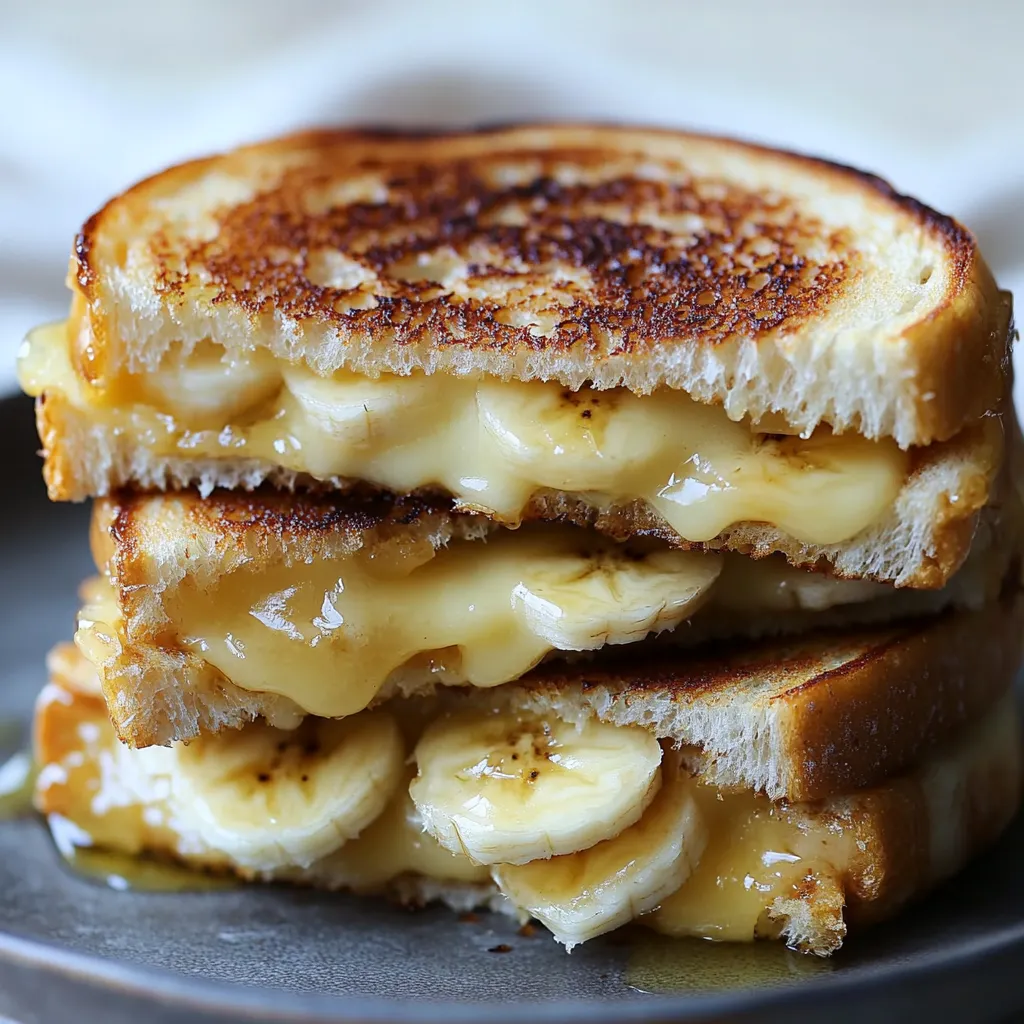 Two grilled cheese sandwiches with bananas on top.